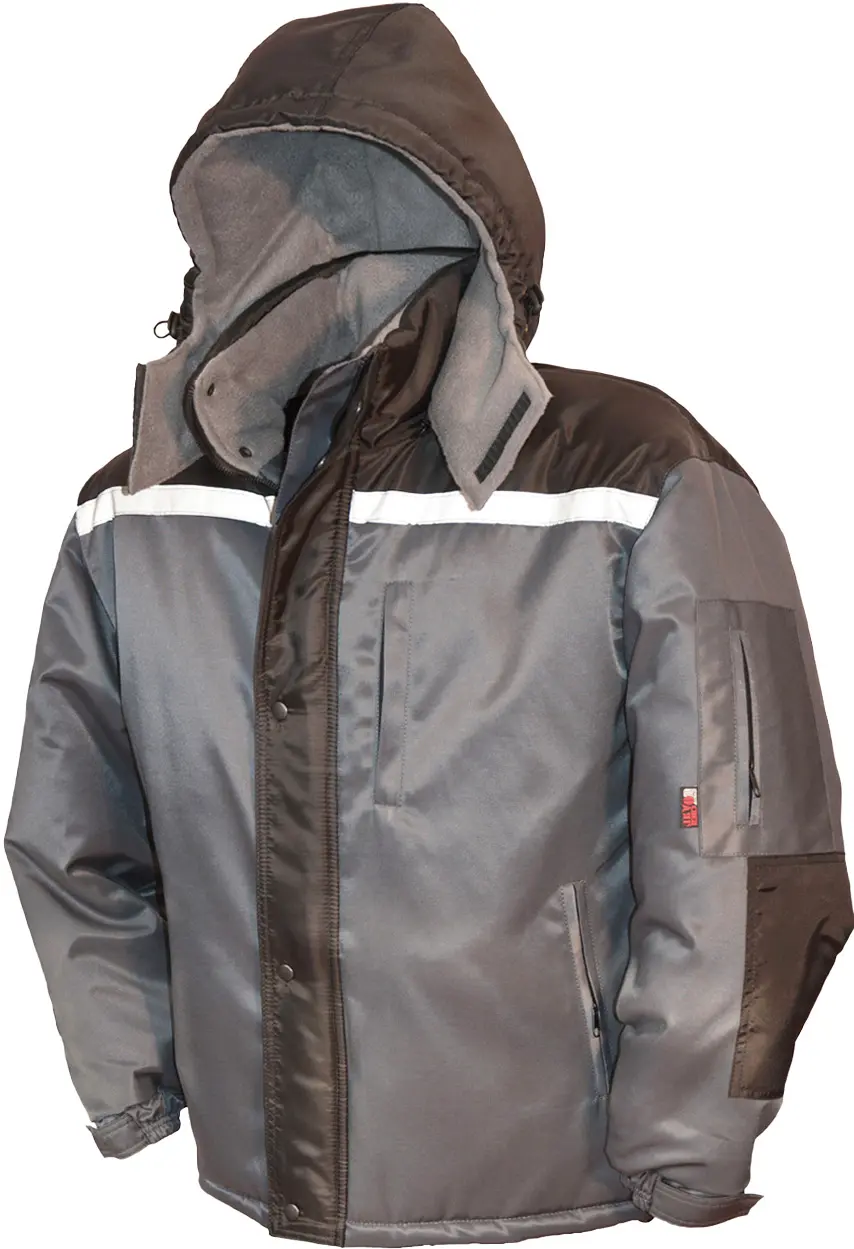 Утеплена робоча куртка з капюшоном сірого кольору з відбивною смугою